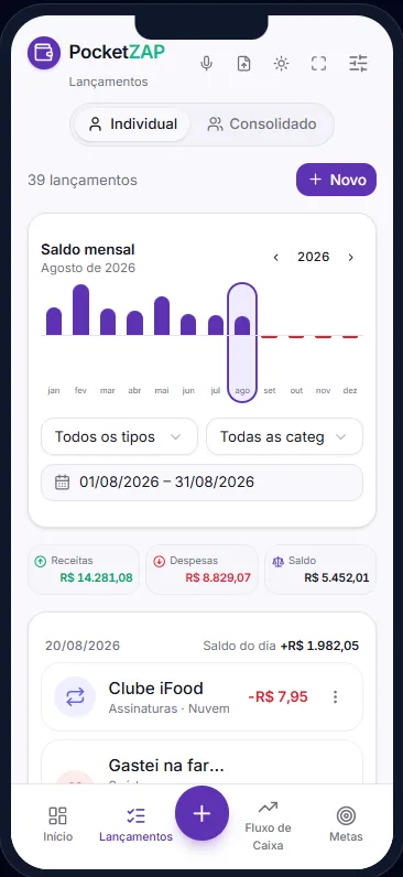 Lançamentos do PocketZAP no celular