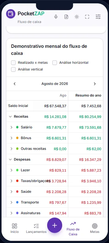 Fluxo de caixa — categorias do PocketZAP no celular
